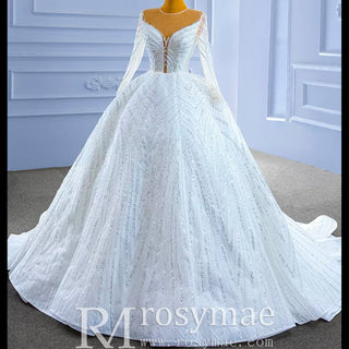 Luxury Beaded Sparkly Puffy Wedding Dress with Long Sleeves