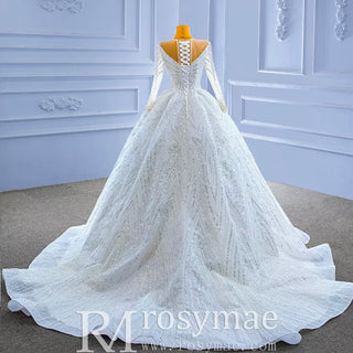 Luxury Beaded Sparkly Puffy Wedding Dress with Long Sleeves