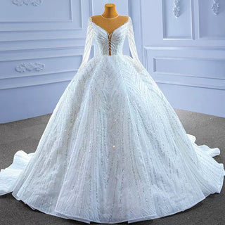 Luxury Beaded Sparkly Puffy Wedding Dress with Long Sleeves