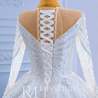 Luxury Beaded Sparkly Puffy Wedding Dress with Long Sleeves