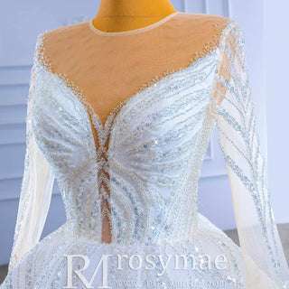 Luxury Beaded Sparkly Puffy Wedding Dress with Long Sleeves