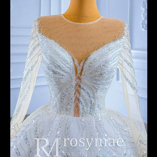 Luxury Beaded Sparkly Puffy Wedding Dress with Long Sleeves