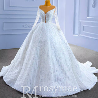 Luxury Beaded Sparkly Puffy Wedding Dress with Long Sleeves