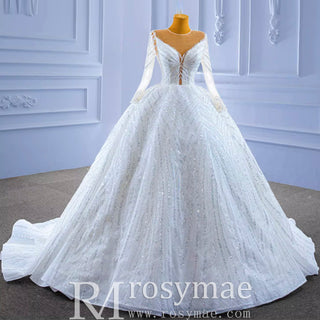 Luxury Beaded Sparkly Puffy Wedding Dress with Long Sleeves