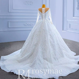 Luxury Beaded Sparkly Puffy Wedding Dress with Long Sleeves