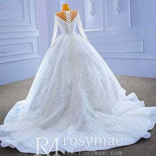 Luxury Beaded Sparkly Puffy Wedding Dress with Long Sleeves