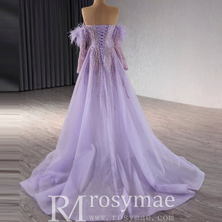 Sweetheart Lilac Sheer Formal Gown Prom Dress with Long Sleeve