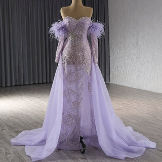 Sweetheart Lilac Sheer Formal Gown Prom Dress with Long Sleeve