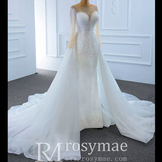 Beaded Pearls Mermaid Long Sleeves Wedding Dress with Overskirt