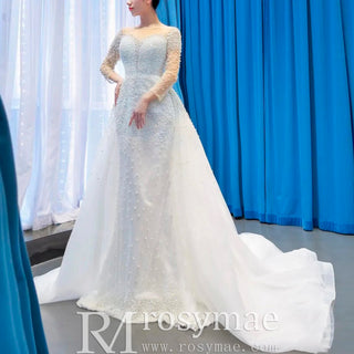 Beaded Pearls Mermaid Long Sleeves Wedding Dress with Overskirt