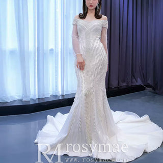 Pearl Beaded Mermaid Wedding Dress with Off the Shoulder Long Sleeves