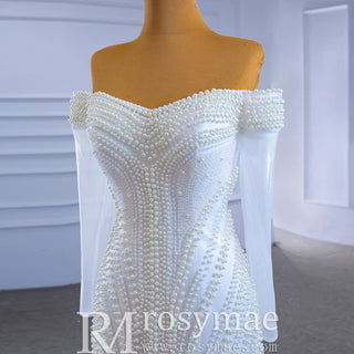 Pearl Beaded Mermaid Wedding Dress with Off the Shoulder Long Sleeves