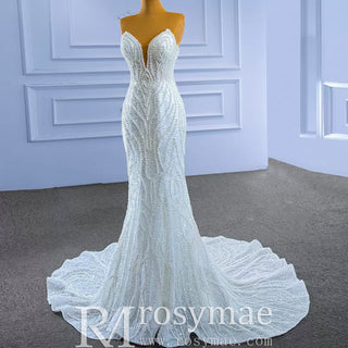 Mermaid Sequins Strapless Pearls Wedding Dress with Vneck