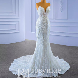 Mermaid Sequins Strapless Pearls Wedding Dress with Vneck