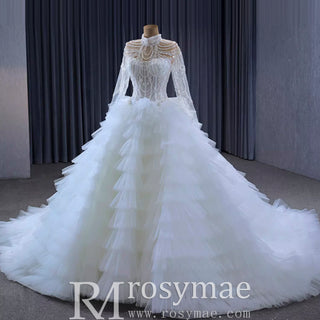 Gorgeous Puffy Ball Gown High Neck Wedding Dress with Long Sleeve