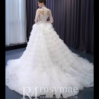 Gorgeous Puffy Ball Gown High Neck Wedding Dress with Long Sleeve