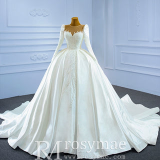 High Neck Satin Ball Gown Puffy Wedding Dress with Sheer Long Sleeves