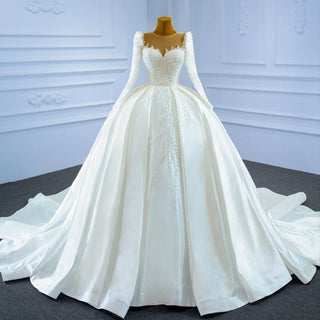 High Neck Satin Ball Gown Puffy Wedding Dress with Sheer Long Sleeves