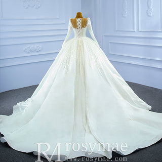 High Neck Satin Ball Gown Puffy Wedding Dress with Sheer Long Sleeves