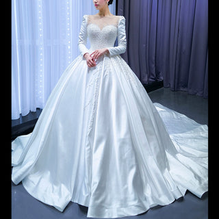 High Neck Satin Ball Gown Puffy Wedding Dress with Sheer Long Sleeves