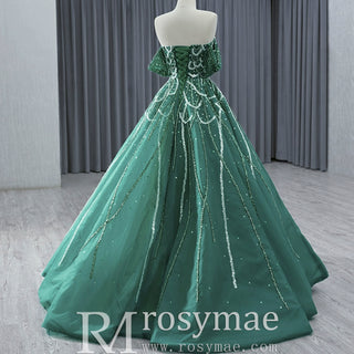 Spring Green Beaded Wedding Dress Off the Shoulder Quinceanera Gown