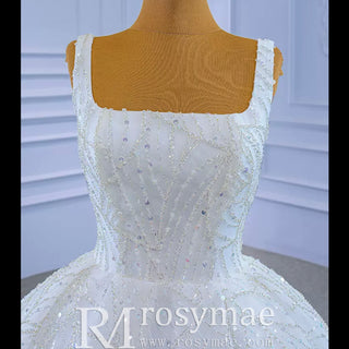 Square Neck Sparkly Ball Gown Wedding Dresses Beaded Bridal Gowns