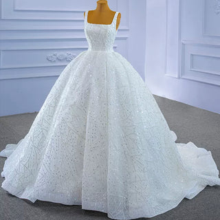 Square Neck Sparkly Ball Gown Wedding Dresses Beaded Bridal Gowns