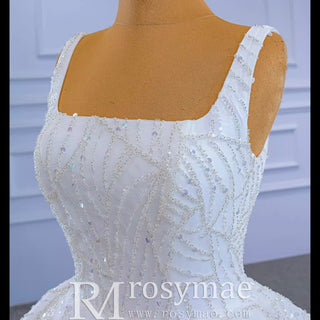 Square Neck Sparkly Ball Gown Wedding Dresses Beaded Bridal Gowns