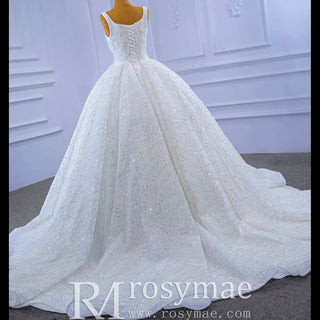 Square Neck Sparkly Ball Gown Wedding Dresses Beaded Bridal Gowns