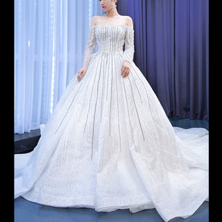 Beaded Pearl Off Shoulder Ball Gown Wedding Dress with Long Sleeve