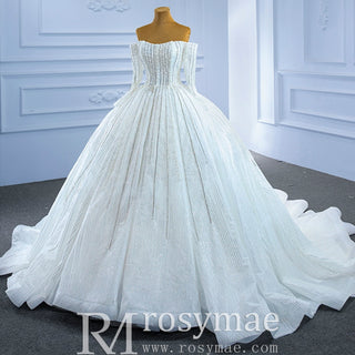 Beaded Pearl Off Shoulder Ball Gown Wedding Dress with Long Sleeve