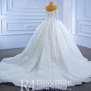 Beaded Pearl Off Shoulder Ball Gown Wedding Dress with Long Sleeve