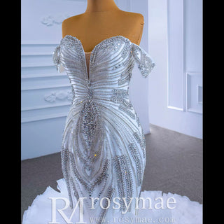 Luxury Ruffled Beaded Mermaid Wedding Dress with Off the Shoulder