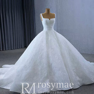 Embroidery Lace Square Neck Ball Gown Wedding Dress with Wide Strap