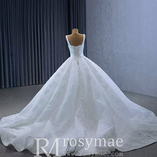 Embroidery Lace Square Neck Ball Gown Wedding Dress with Wide Strap