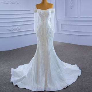 Pearl Beaded Mermaid Wedding Dress with Off the Shoulder Long Sleeves