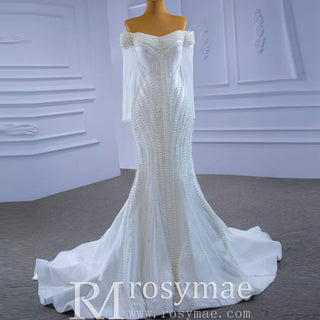 Pearl Beaded Mermaid Wedding Dress with Off the Shoulder Long Sleeves