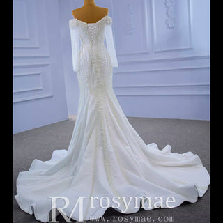 Pearl Beaded Mermaid Wedding Dress with Off the Shoulder Long Sleeves