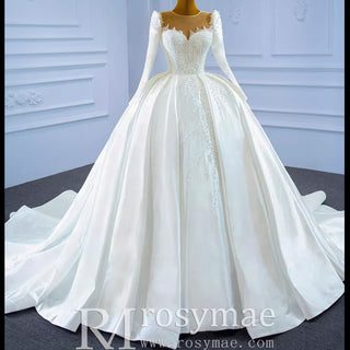 High Neck Satin Ball Gown Puffy Wedding Dress with Sheer Long Sleeves