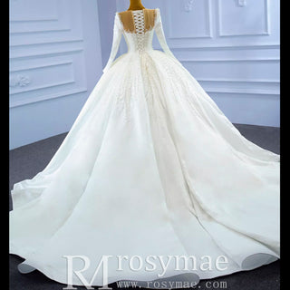 High Neck Satin Ball Gown Puffy Wedding Dress with Sheer Long Sleeves