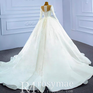 High Neck Satin Ball Gown Puffy Wedding Dress with Sheer Long Sleeves