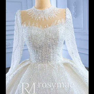 High Neck Puffy Skirt Ball Gown Wedding Dresses with Long Sleeve