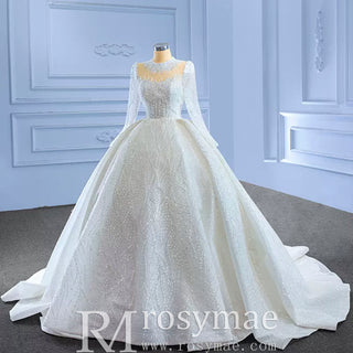 High Neck Puffy Skirt Ball Gown Wedding Dresses with Long Sleeve