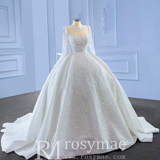 High Neck Puffy Skirt Ball Gown Wedding Dresses with Long Sleeve