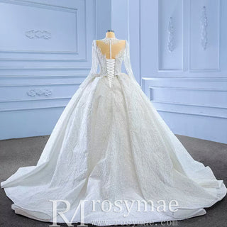 High Neck Puffy Skirt Ball Gown Wedding Dresses with Long Sleeve