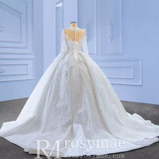 High Neck Puffy Skirt Ball Gown Wedding Dresses with Long Sleeve