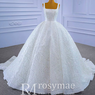 Square Neck Sparkly Ball Gown Wedding Dresses Beaded Bridal Gowns