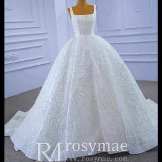 Square Neck Sparkly Ball Gown Wedding Dresses Beaded Bridal Gowns