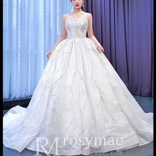 Beaded Strapless Lace Ball Gown Puffy Wedding Dress