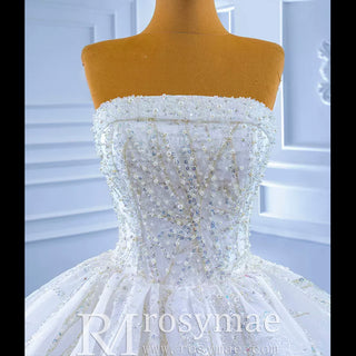 Beaded Strapless Lace Ball Gown Puffy Wedding Dress